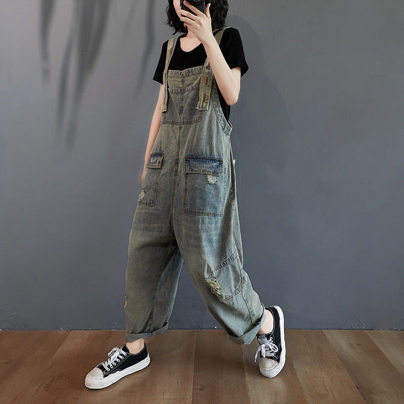 Women's Summer Retro Nostalgic Ripped Denim Overalls FitiqueFit