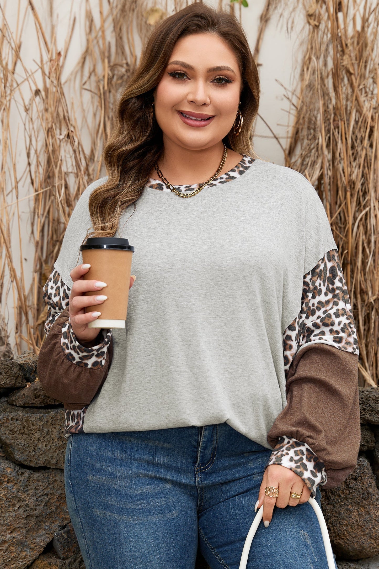Gray Plus Size Leopard Color Block Patchwork Dolman Sweatshirt Garden Naked Curves