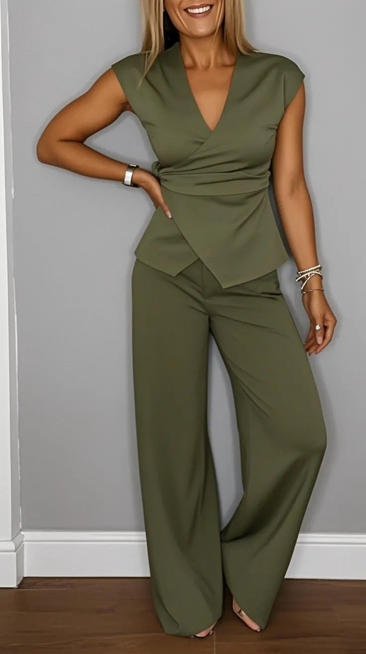 Women's Pleated Vest & Pants Set – Metal Buckle Detail FitiqueFit