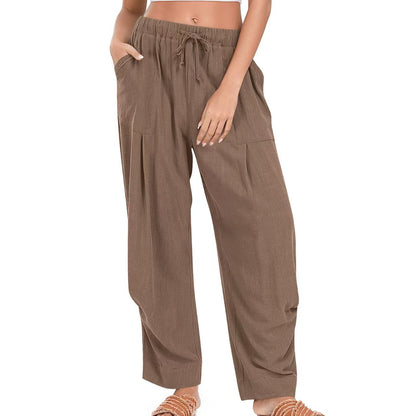 Womens Solid-Color Cotton-Linen Casual Loose Straight Pockets Lounge Pants With Drawstring See size chart under “more details” The Fashion Celestial