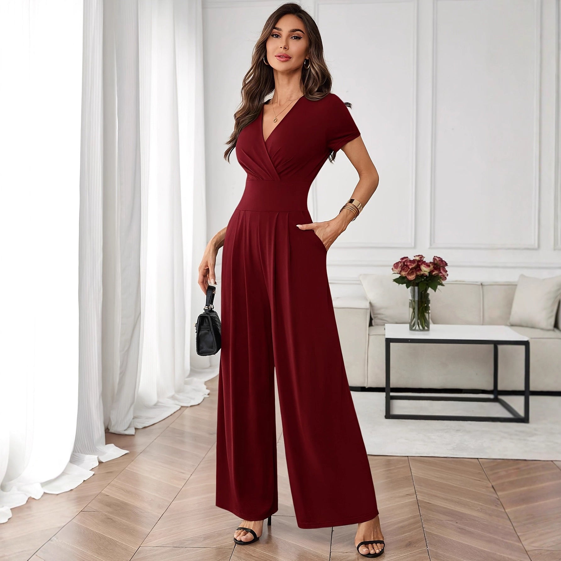 Three-Quarter Sleeve Pleated Wide-Leg Jumpsuit | 2 Colors S–XL FitiqueFit