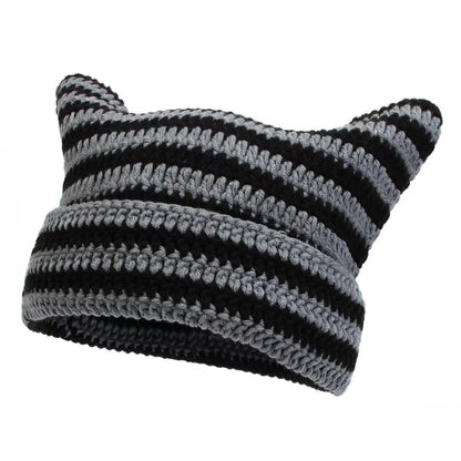 Women’s Hand Knitted Striped Cat Hat – Cute Warm Winter Beanie FitiqueFit
