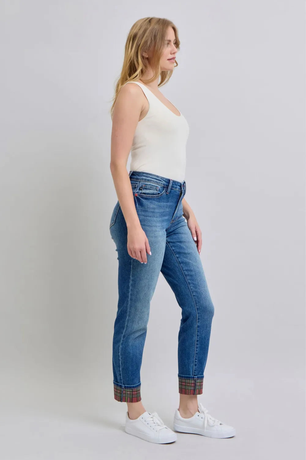 Judy Blue Full Size Plaid Print Cuff Straight Leg Jeans with Pockets New Era Fashion LLc