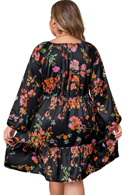 Black Plus Size Floral Print Tie Neck Cinched Waist Long Sleeve Mini Dress Garden Naked Curves