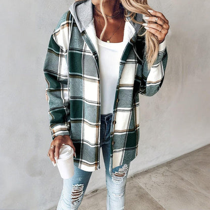 Women's Plaid Hoodie Long Sleeve Jacket With Pocket FitiqueFit