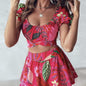 Flower Print Bubble Sleeves With Exposed Navel Short Top, Pleated Short Skirt Set FitiqueFit