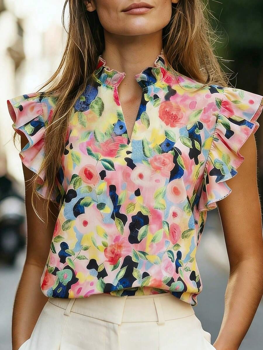 Women's Retro Ruffle-Trim Printed Sleeveless Top FitiqueFit