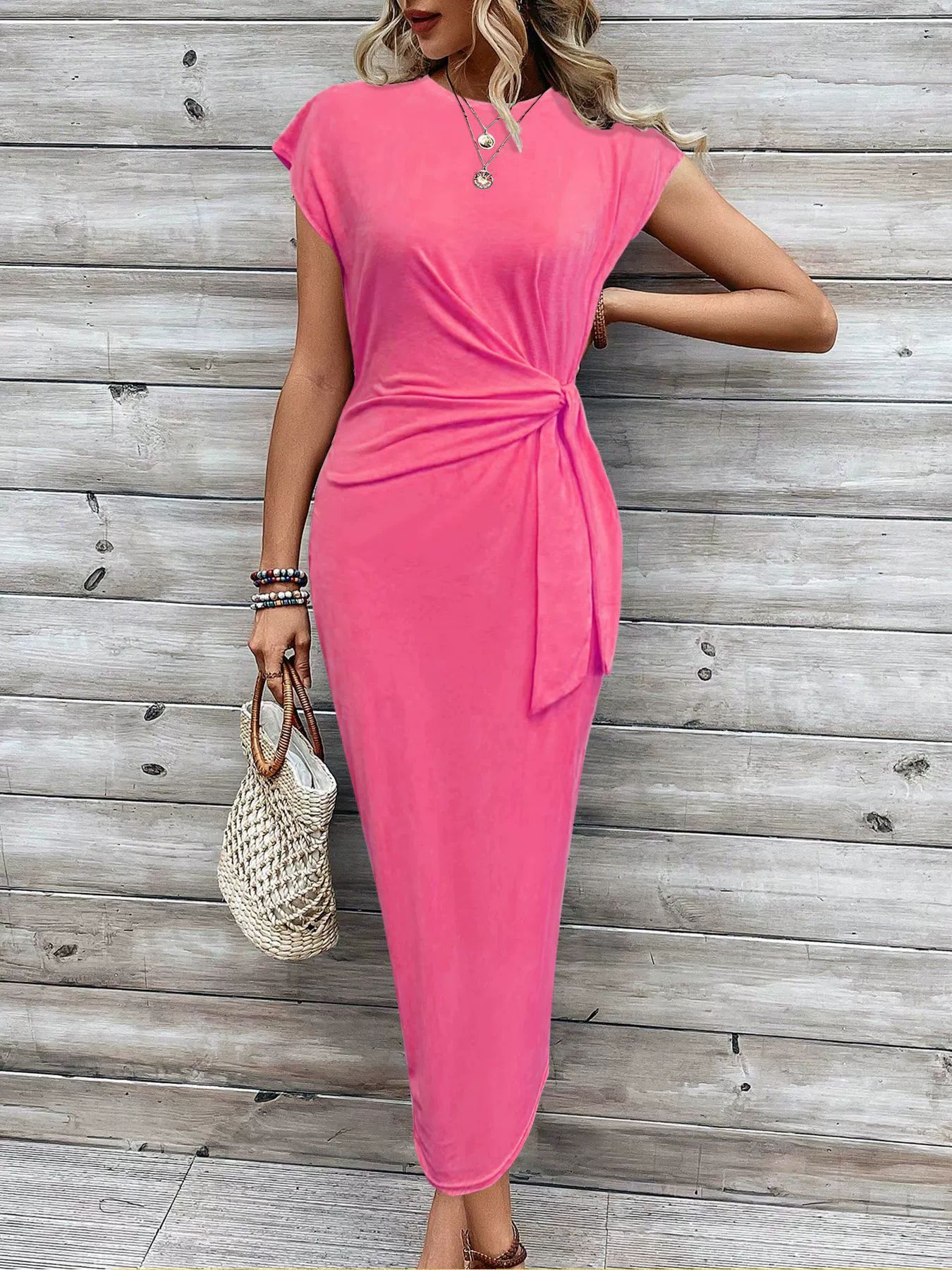 Elegant Waist Strap Striped Round Neck Short Sleeve And Long Pattern Dress Grayceful LLC
