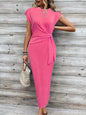 Elegant Waist Strap Striped Round Neck Short Sleeve And Long Pattern Dress Grayceful LLC