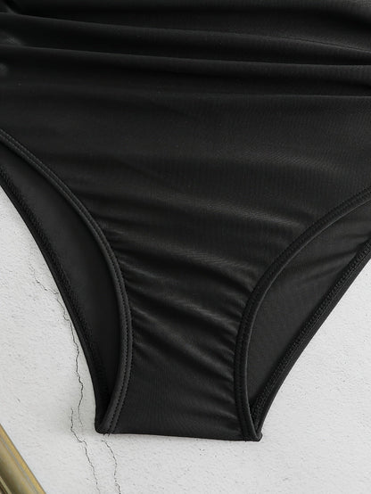 Bikini Black Solid Color Ruffle V Neck 2 Piece Swimsuit for Women – High Waisted Flattering Bikini Set with Lettuce Trim Bottoms – Sleek Stretchy Fabric Swimwear for Beach Days Poolside Style and Summer Vacation Looks Stevvex