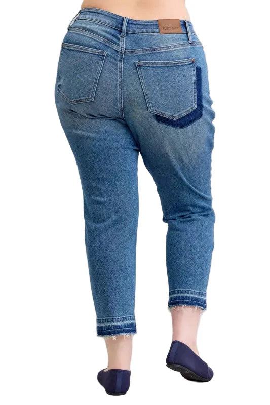 Judy Blue Full Size Mid Rise Bf Patch & Repair Destroy Release Hem Jeans Plus Size Garden Naked Curves