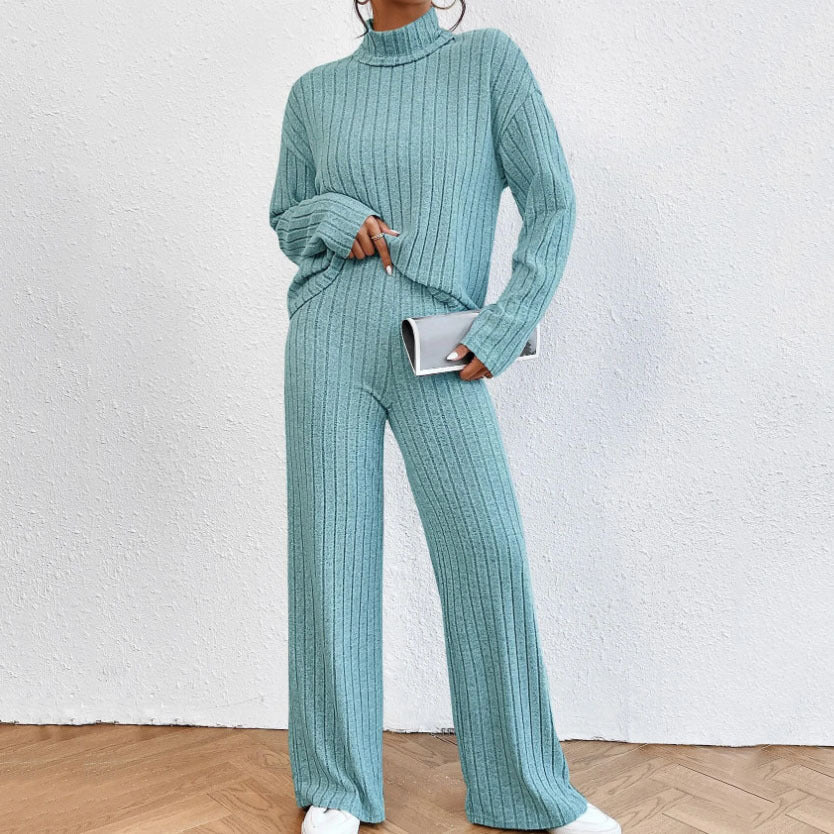 Leisure Turtleneck Knitting Long-sleeve Sweater Loose Trousers Two-piece Set Grayceful LLC