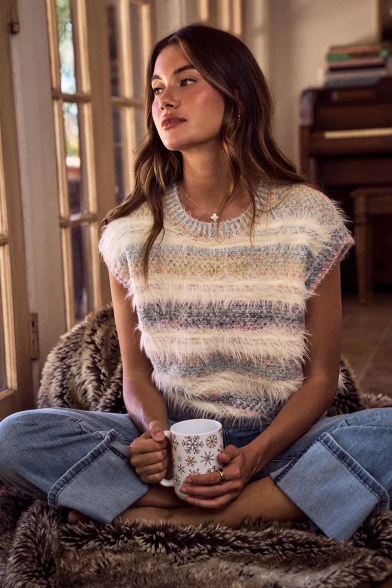 SO ME Soft Fuzzy Multi-Color Stripe Cozy Sweater Top FitiqueFit