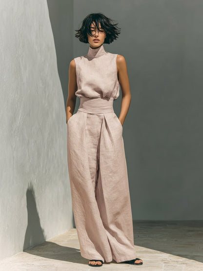 Women’s Cotton Linen Two-Piece Set – Sleeveless Top & Wide-Leg Pants FitiqueFit