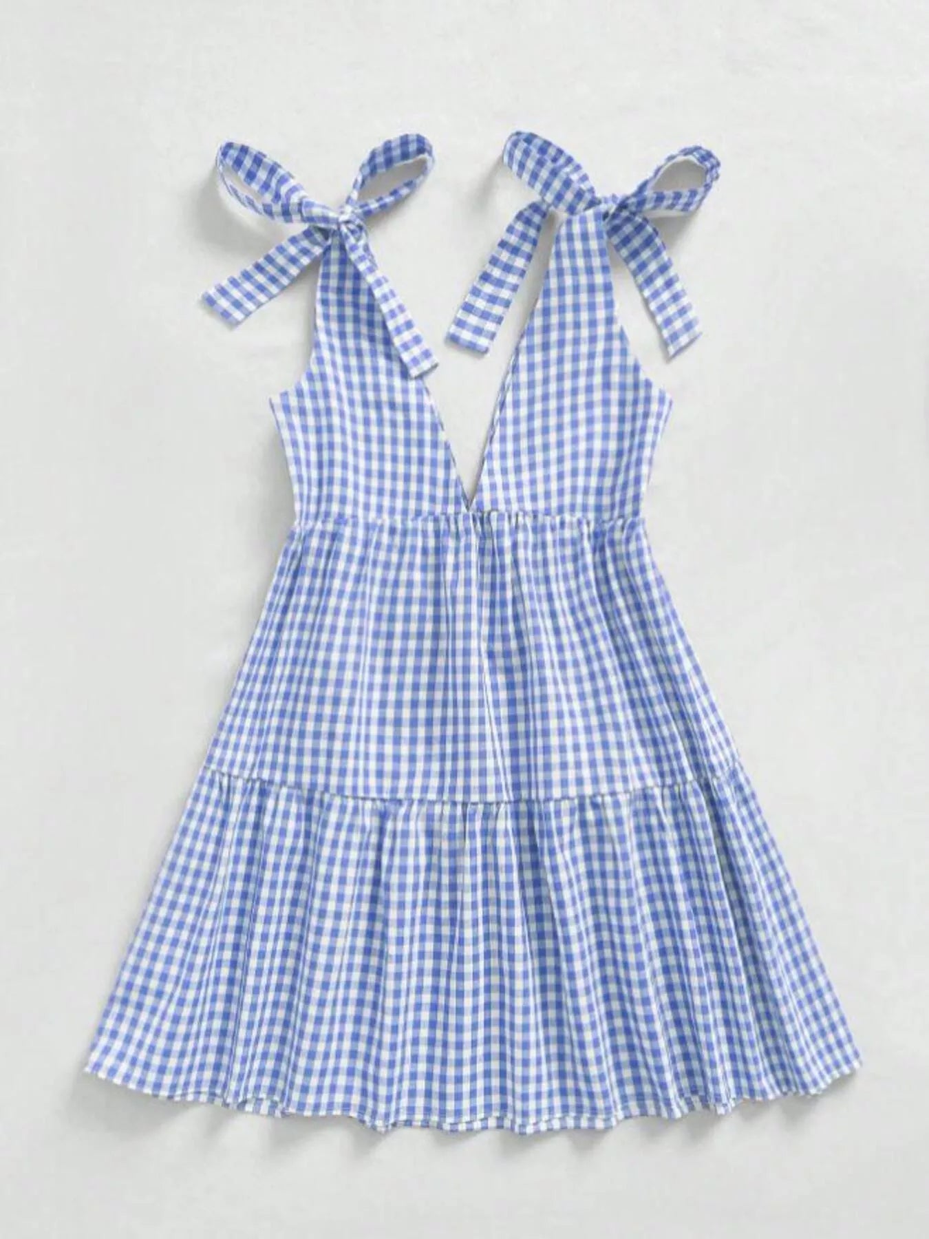 Gingham Tie-Shoulder Ruffle Hem Mini Dress New Era Fashion LLc