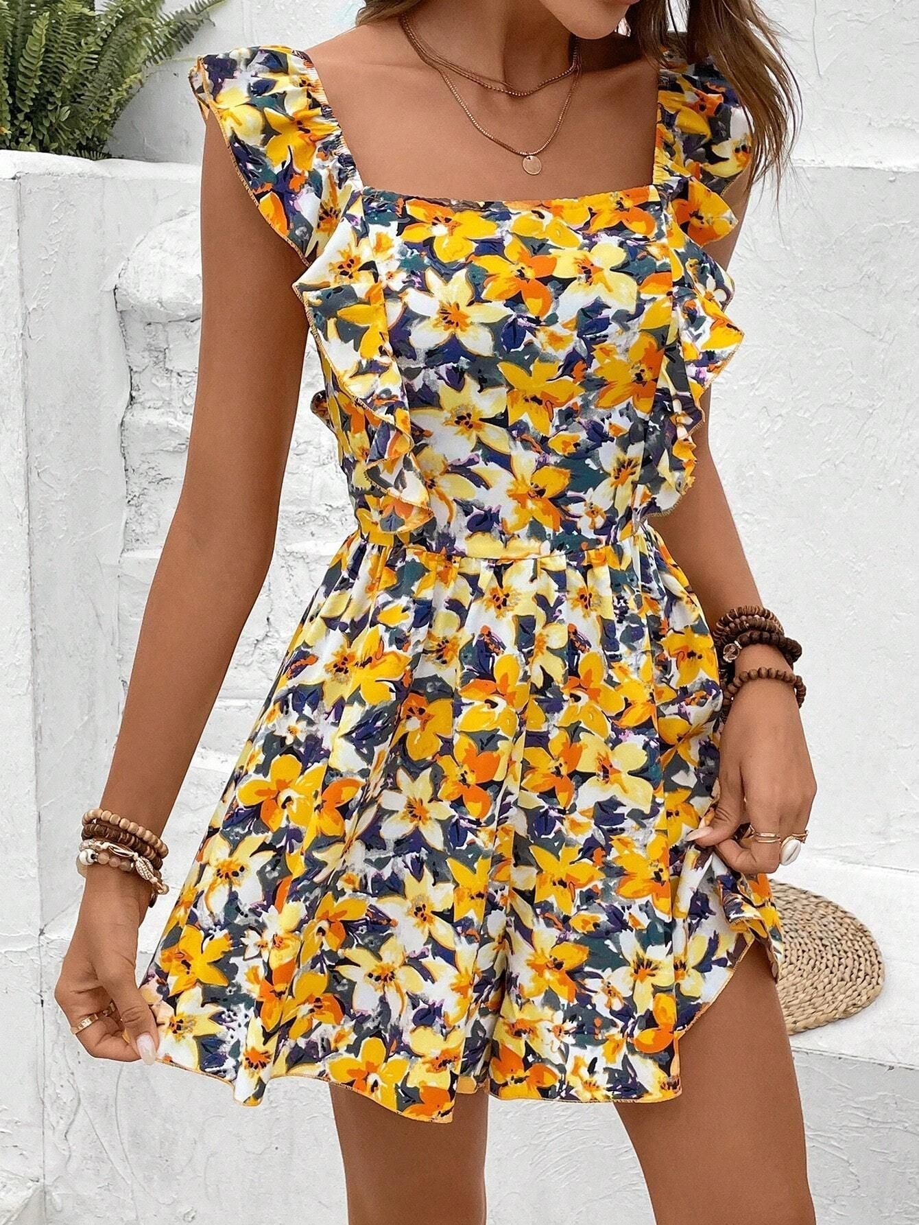 Women's Sleeveless Square Neck Printed Boho Jumpsuit FitiqueFit