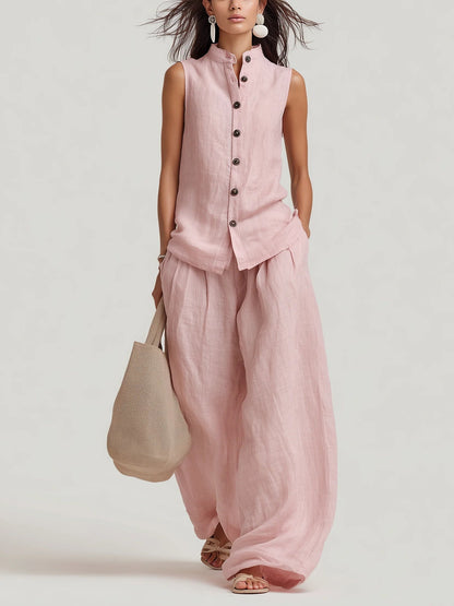 Women's Cotton-Linen Sleeveless Crewneck Vest & Pants Set FitiqueFit