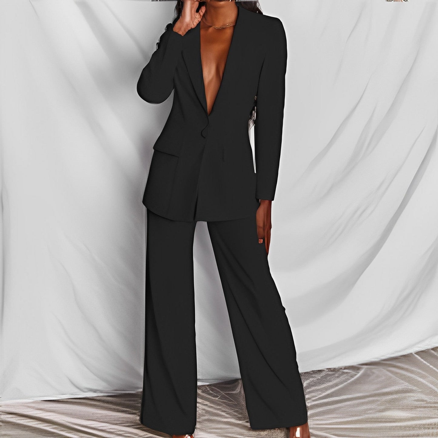Lapel Button-Down Blazer & Straight-Leg Trousers Suit FitiqueFit