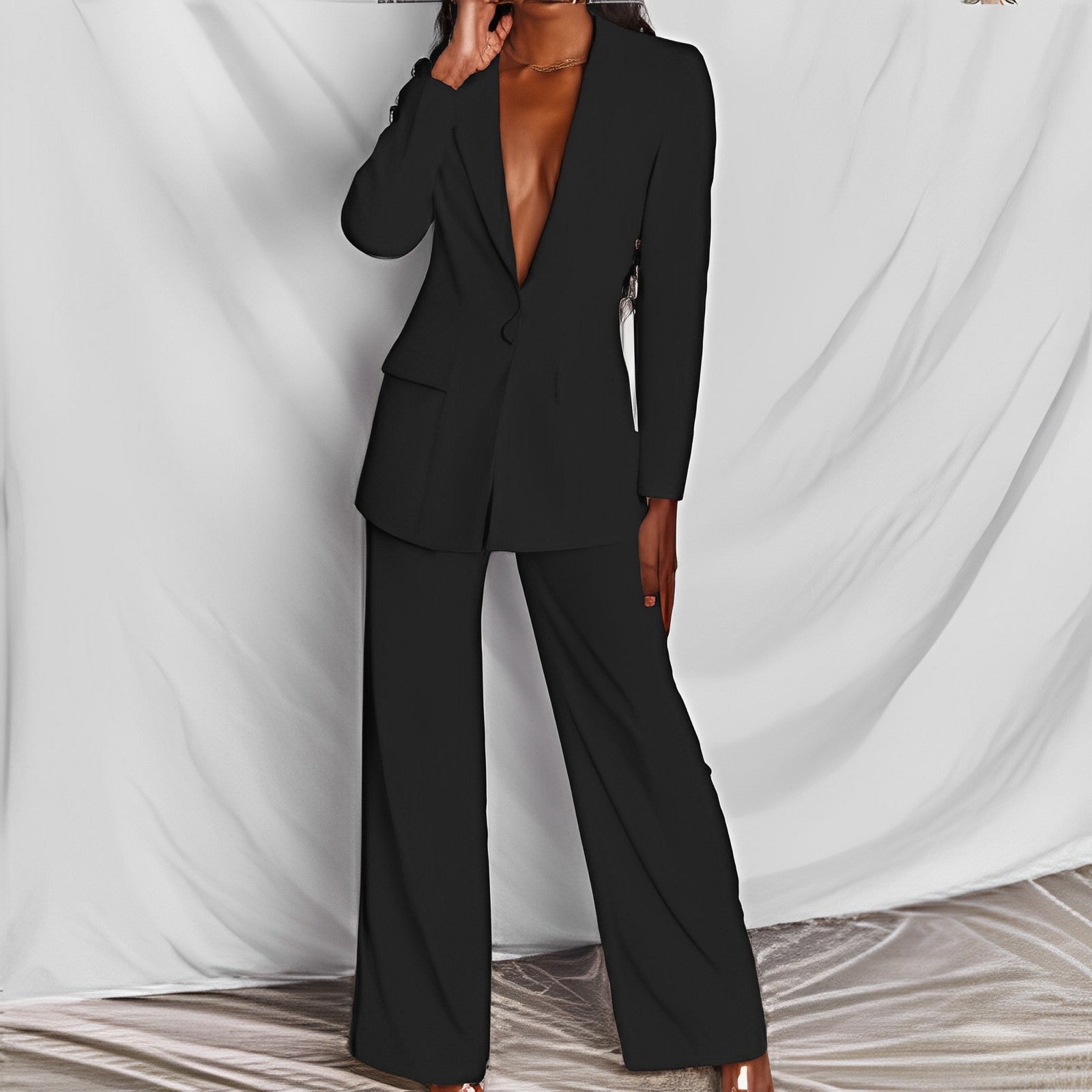 Lapel Button-Down Blazer & Straight-Leg Trousers Suit FitiqueFit