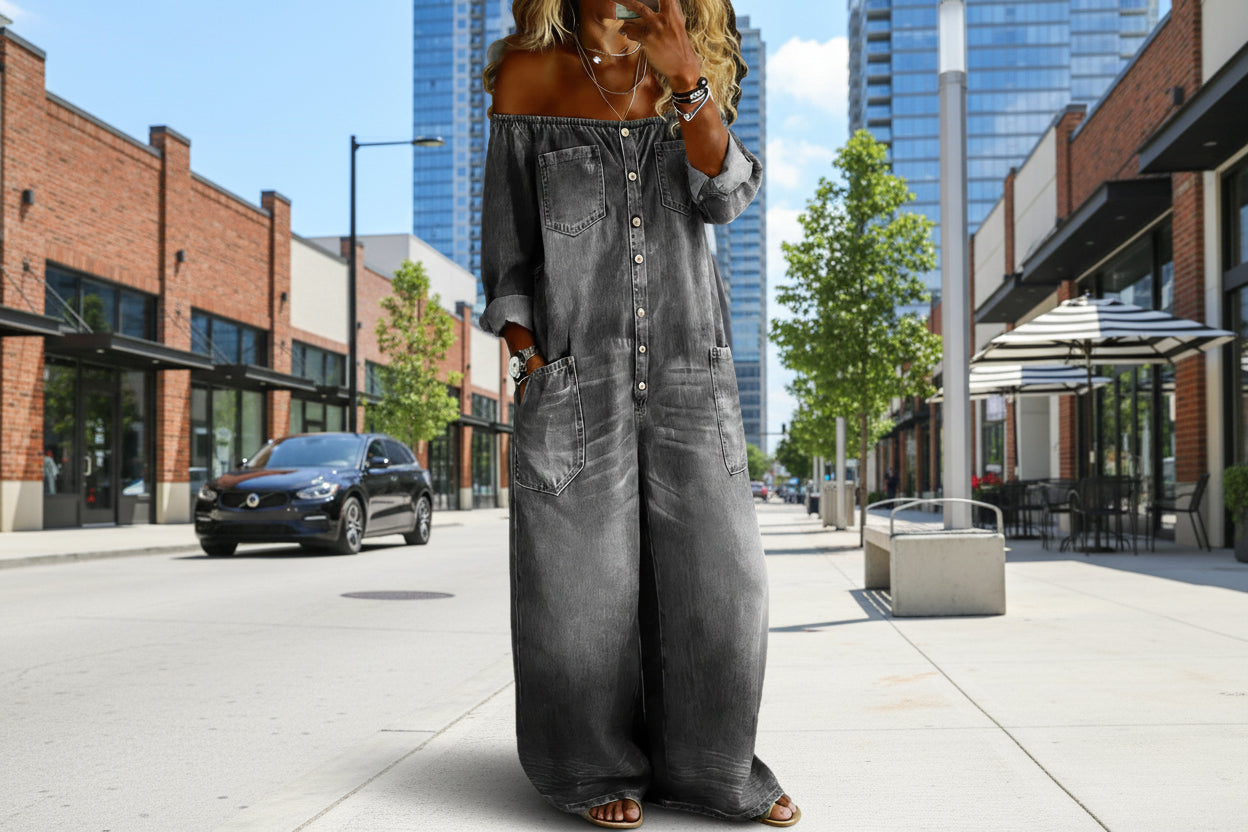 Women's Off-Shoulder Washed Faux Denim Strap Overalls Jumpsuit FitiqueFit