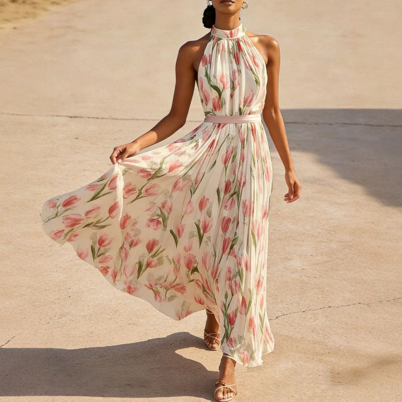 Women's Halterneck High-Waist Swing Dress – Floral & Solid Prints FitiqueFit