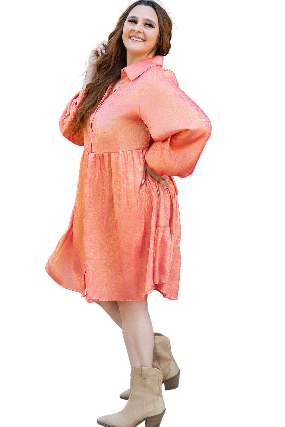 Peach Blossom Metallic Balloon Sleeve Shirt Plus Size Mini Dress Garden Naked Curves
