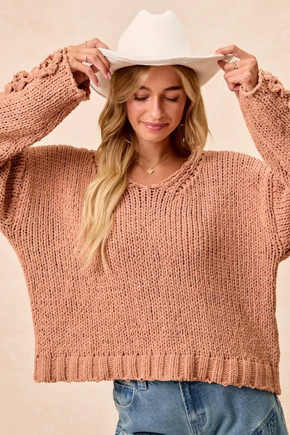 BiBi Chunky Knit Sweater with Flower Detail Sleeves FitiqueFit