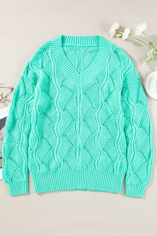 Hollow-Out Knit V-Neck Drop Shoulder Sweater Shop Style & More | Fresh Looks, Everyday Deals & Free Shipping