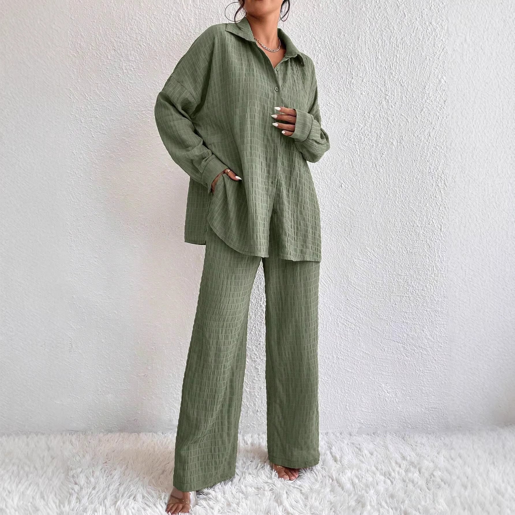 Women's Pleated Long Sleeve Lapel Two-Piece Set – Loose Top & Pants FitiqueFit