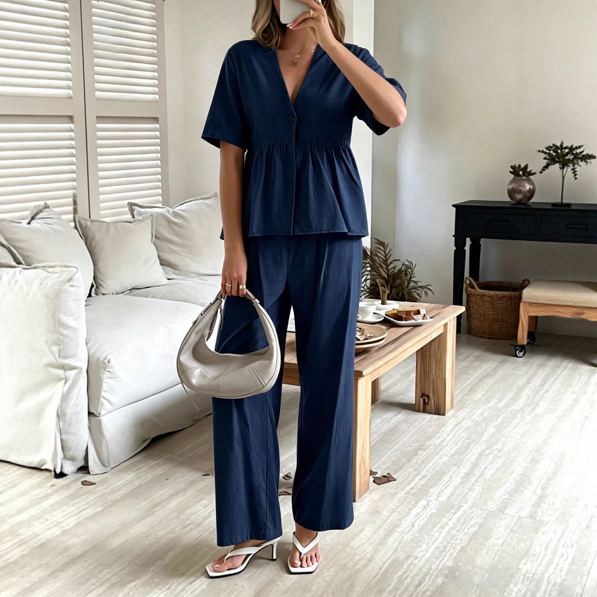 Women's V-Neck Loose Short-Sleeve Top & Wide-Leg Pants Set FitiqueFit