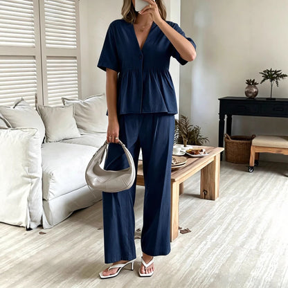 Women's V-Neck Loose Short-Sleeve Top & Wide-Leg Pants Set FitiqueFit