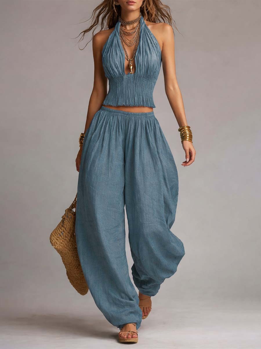 Women's Sleeveless Backless Halter Top & Wide-Leg Pants Set FitiqueFit