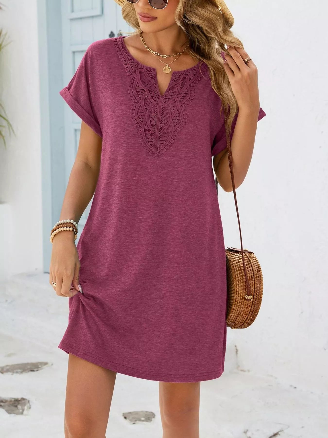 Lace Trim Notched Short Sleeve Dress New Era Fashion LLc