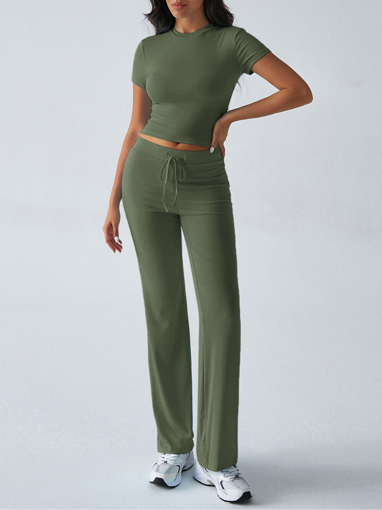 Crew Neck Short Sleeve Top & Full-Length Pants Set – Solid Color, 10 Colors FitiqueFit