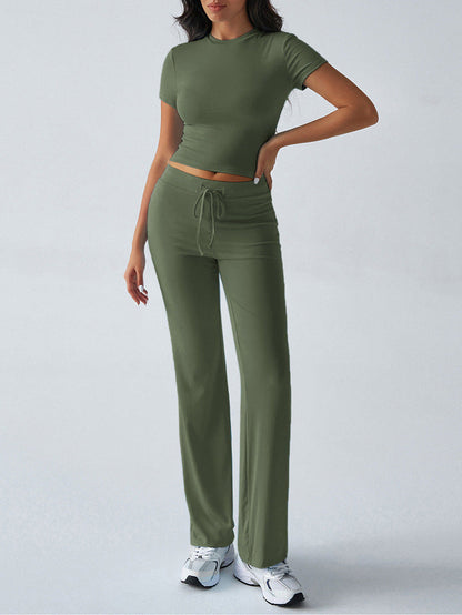 Crew Neck Short Sleeve Top & Full-Length Pants Set – Solid Color, 10 Colors FitiqueFit