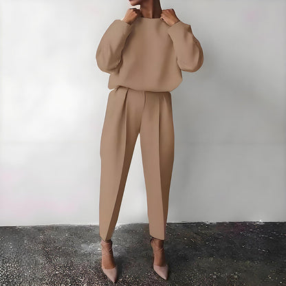 Women’s Solid Color 2-Piece Set – Long Sleeve Top & Pleated Pants Loungewear FitiqueFit