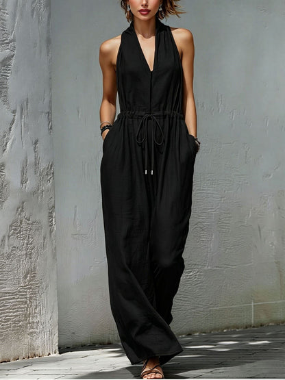 Women's Sleeveless Halter Neck Solid Color Long Jumpsuit FitiqueFit