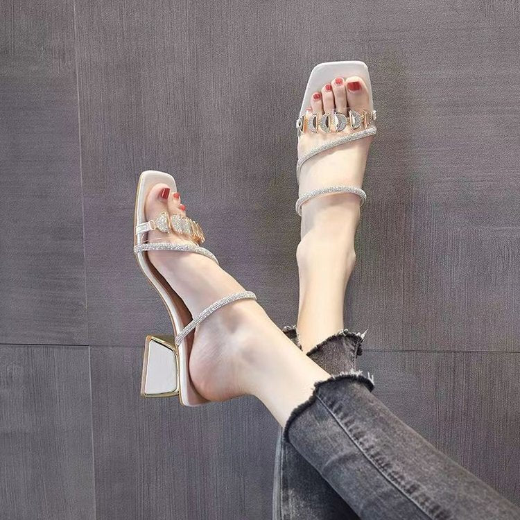 Women's Korean Style Rhinestone Single Strap Slide Sandals – Mid Chunky Heel FitiqueFit