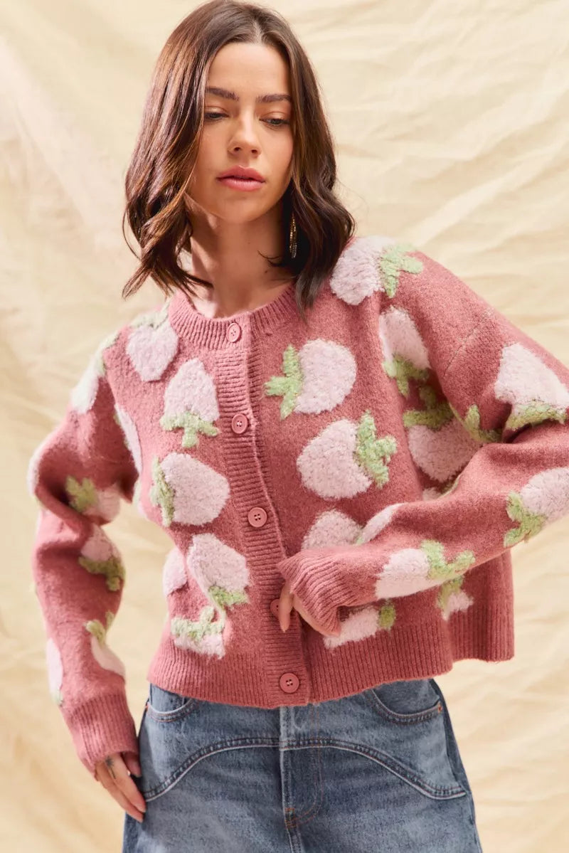 SO ME Strawberry Fruit All Over Button Sweater Cardigan FitiqueFit