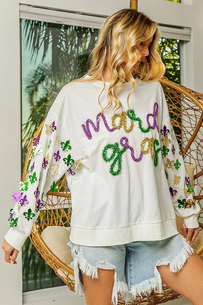 BiBi Fleur De Lis Sleeve Mardi Gras Pullover FitiqueFit