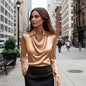 Long Sleeve Satin Swing Collar Top | Elegant Commuter Shirt FitiqueFit