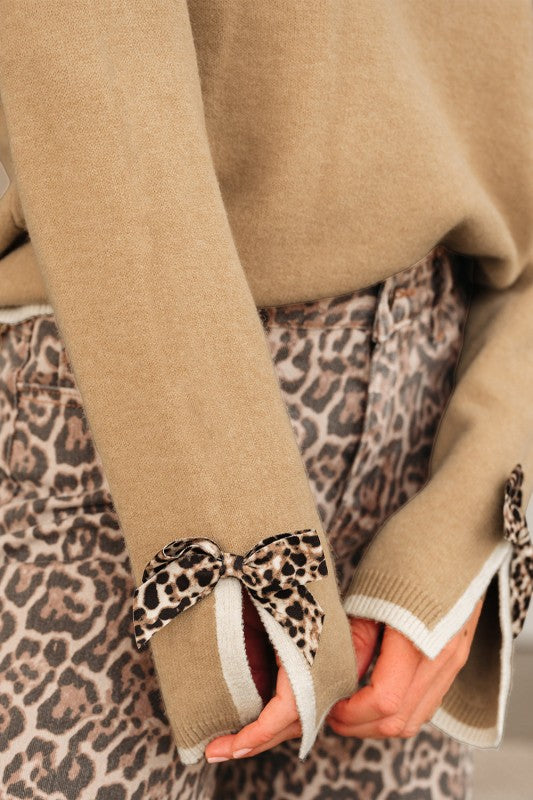 Leopard Bow Split Cuff Contrast Trim Sweater Shop Style & More | Fresh Looks, Everyday Deals & Free Shipping