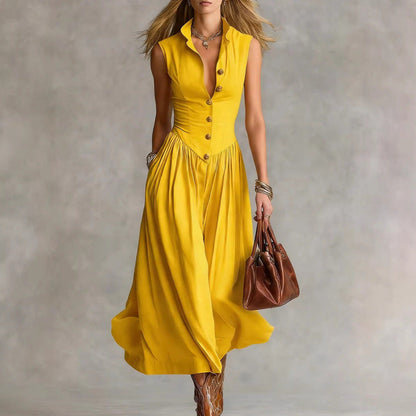 Women's Sleeveless Lapel Collar Maxi Dress – Slim Fit Patchwork FitiqueFit
