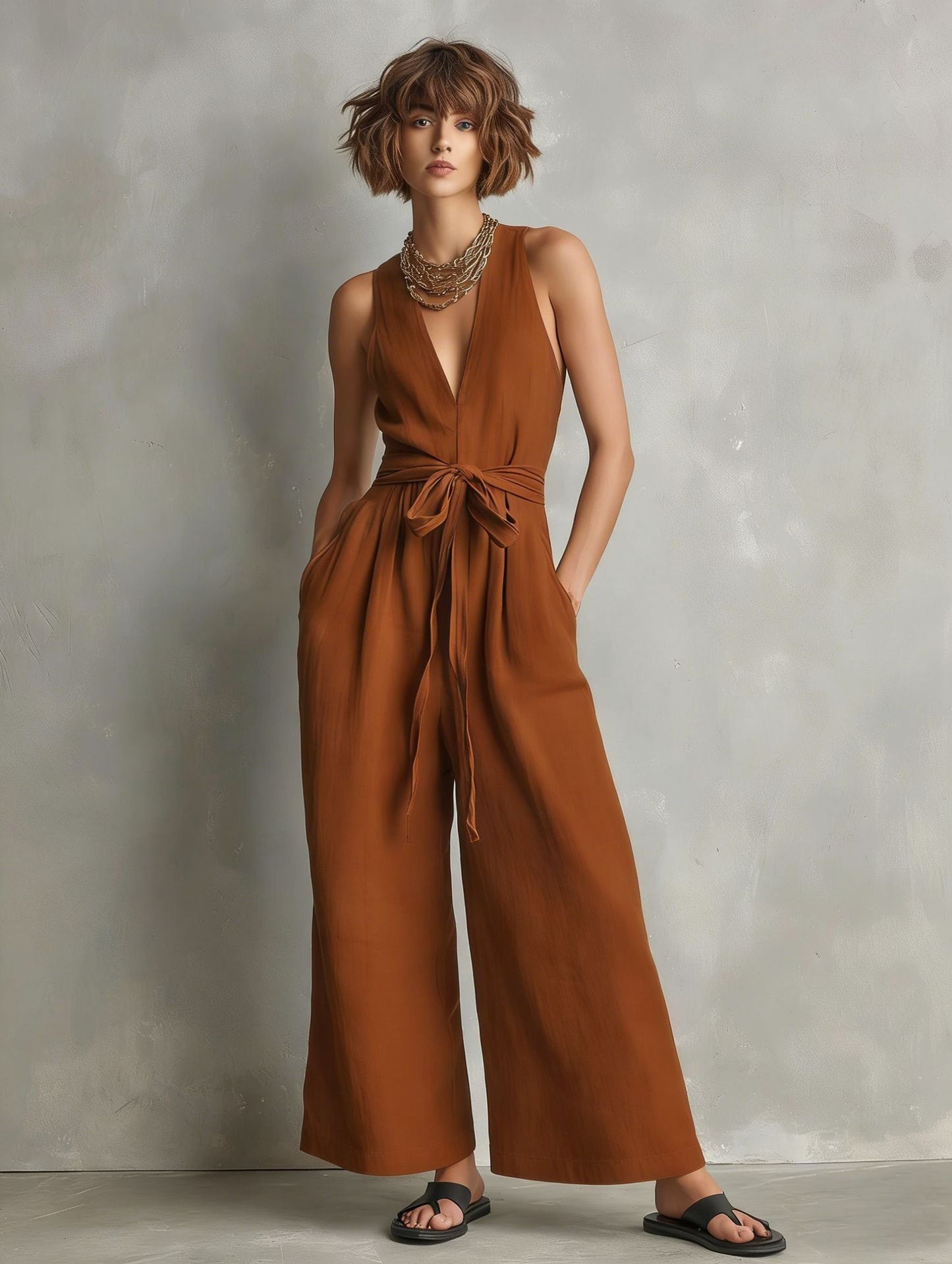 Women's Elegant V-Neck Sleeveless Commuter Jumpsuit FitiqueFit