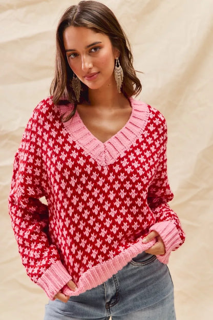 SO ME Color Block Textured Christmas Sweater V Neck Top FitiqueFit