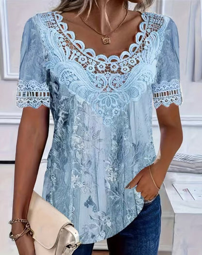 Women's Lace Patchwork Crew Neck Short Sleeve T-Shirt FitiqueFit