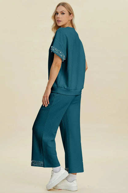 Double Take Full Size Pearl Detail Round Neck Top and Pants Set West2East Surf