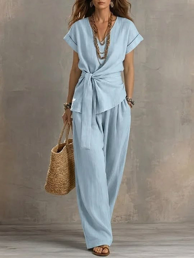 Women's V-Neck Short-Sleeve Top & Pants Two-Piece Set FitiqueFit