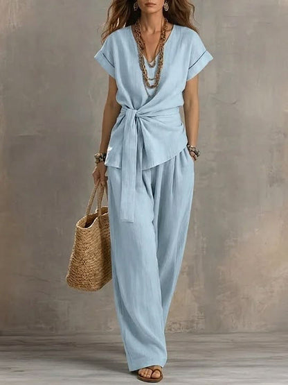 Women's V-Neck Short-Sleeve Top & Pants Two-Piece Set FitiqueFit
