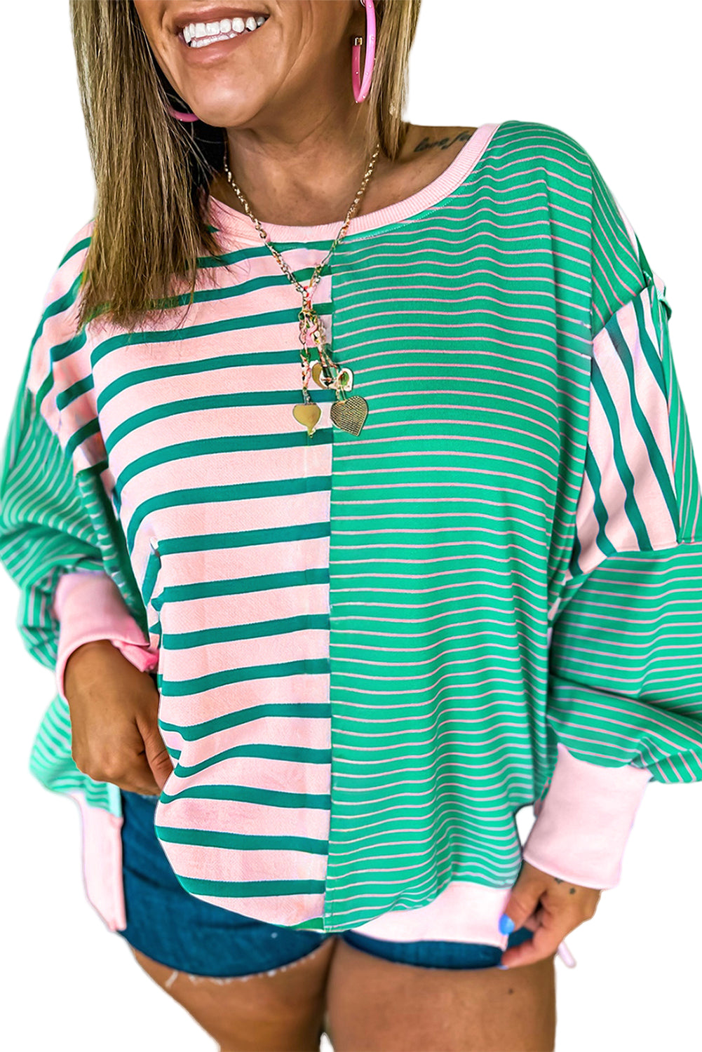 Green Stripe Colorblock Patchwork Side Slit Plus Size Sweatshirt Garden Naked Curves